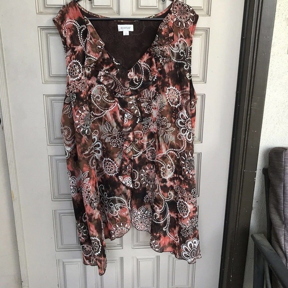 Avenue Tunic Blouse Plus Sz26/28 Earthtones Ruffle Neckline Lined Pre-Ownedt - Picture 1 of 10